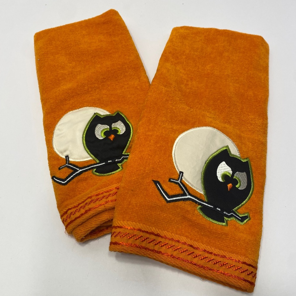 Two Hand Towels Orange Excellent‎ Embroidered Owl Moon Halloween